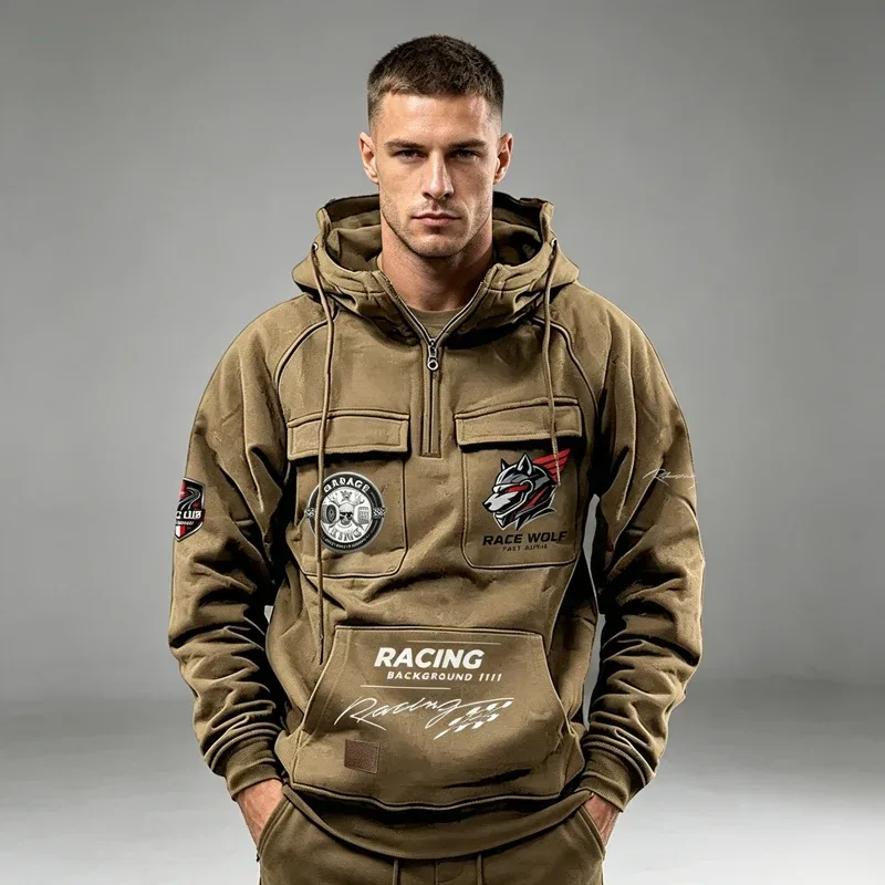 Men's Racing Suit With Large Pockets And Hooded Pullover. Men's Multi-pocket Outdoor Camping Hiking Sports Casual Jacket. — image 5