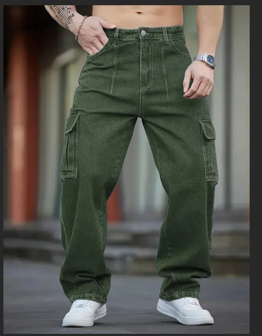 Men's Deep Blue Washed Denim Workwear Jeans Casual Multiple Pockets Design Loose Wide Leg Trousers Y2K Style Cargo Pants — image 4