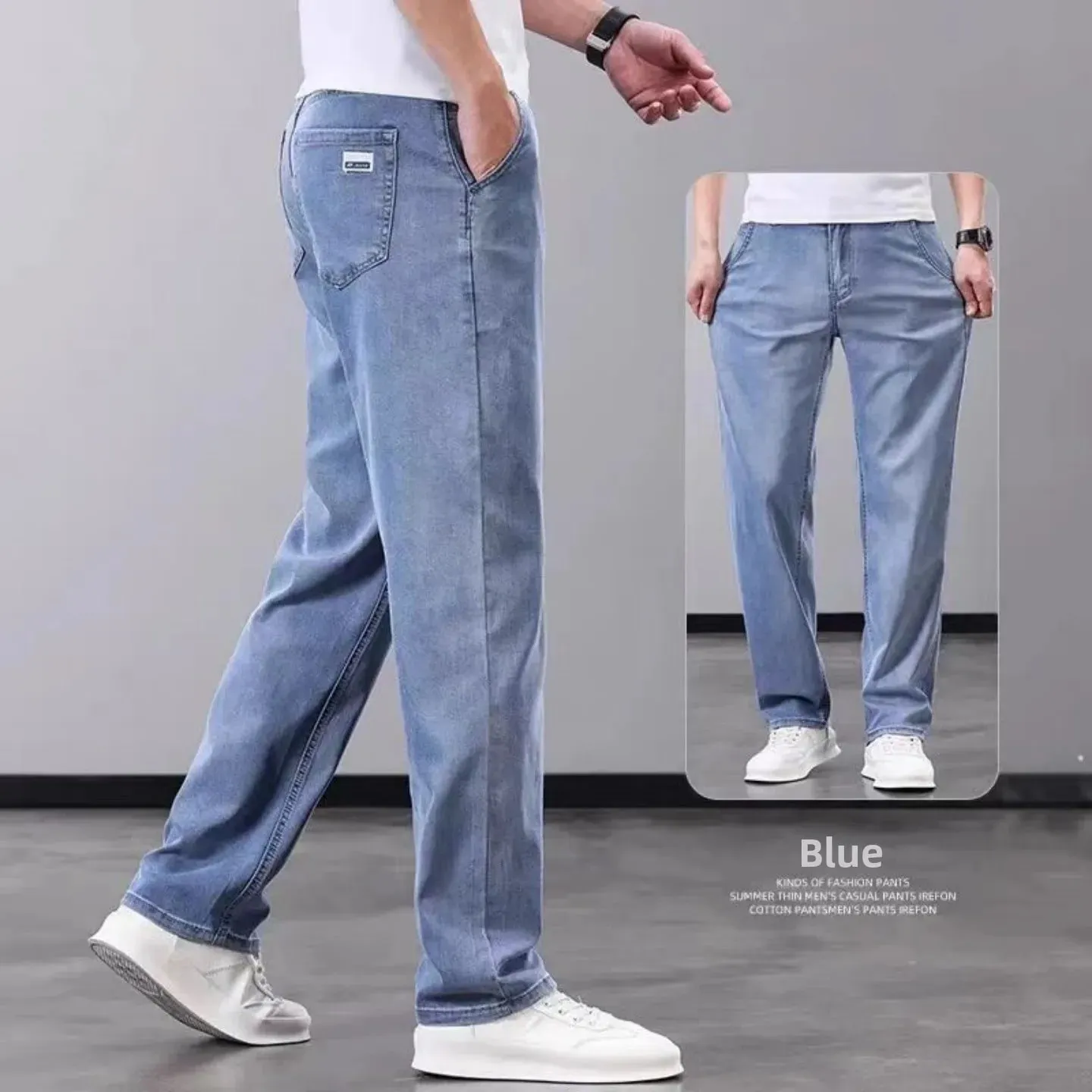 Summer Thin Wide Leg Pants Loose Fit Casual Ice Silk Jeans Men's Breathable Straight Cut Long Trousers Business Gentleman Style — image 7