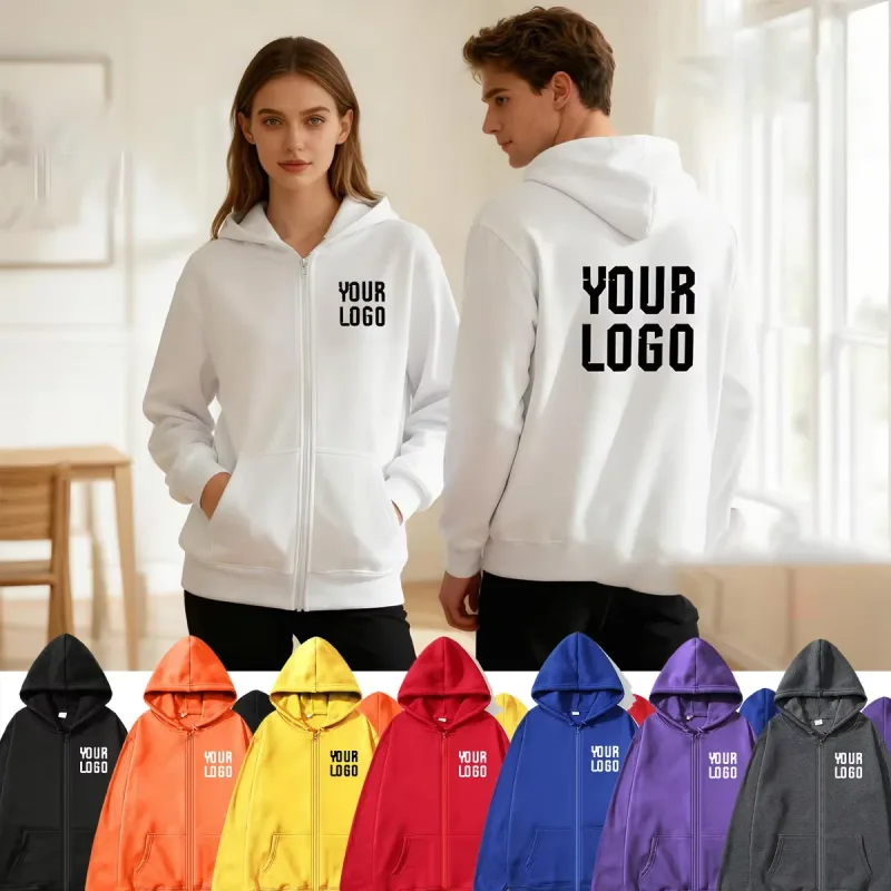 Solid Color Zipper Hoodie | Customizable Text Pattern Jacket | Unisex Team Customization — image 2