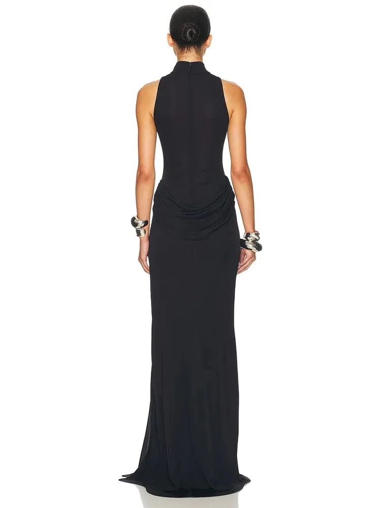 Blifanbo Turtleneck Gaun Maxi Berlipat Pinggang Tinggi Belahan Paha Tanpa Lengan Bahu Terbuka untuk Wanita Gaun Pesta Klub Fashion Elegan — image 3
