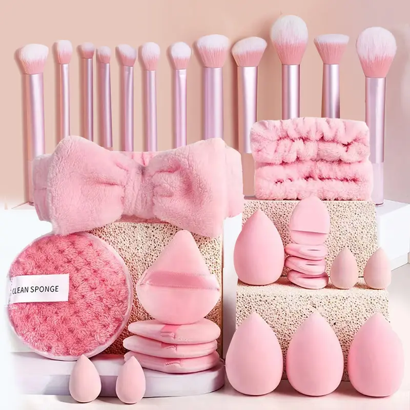 Makeup Brushes and Sponges Set Pink Makeup Puff Beauty Egg Headband Wristband Remover Kit Makeup Tool Gift 20-32pcs — image 1