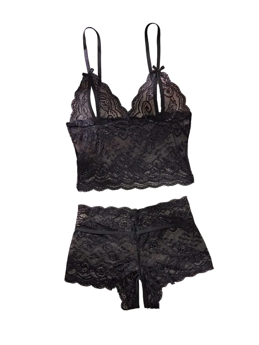 Open Bra 2 Pcs Women Lace See-Through Pajama Black Cute Clothes Comfortable Breathable Suspender Shorts Bra And Brief Set Hollow — image 1