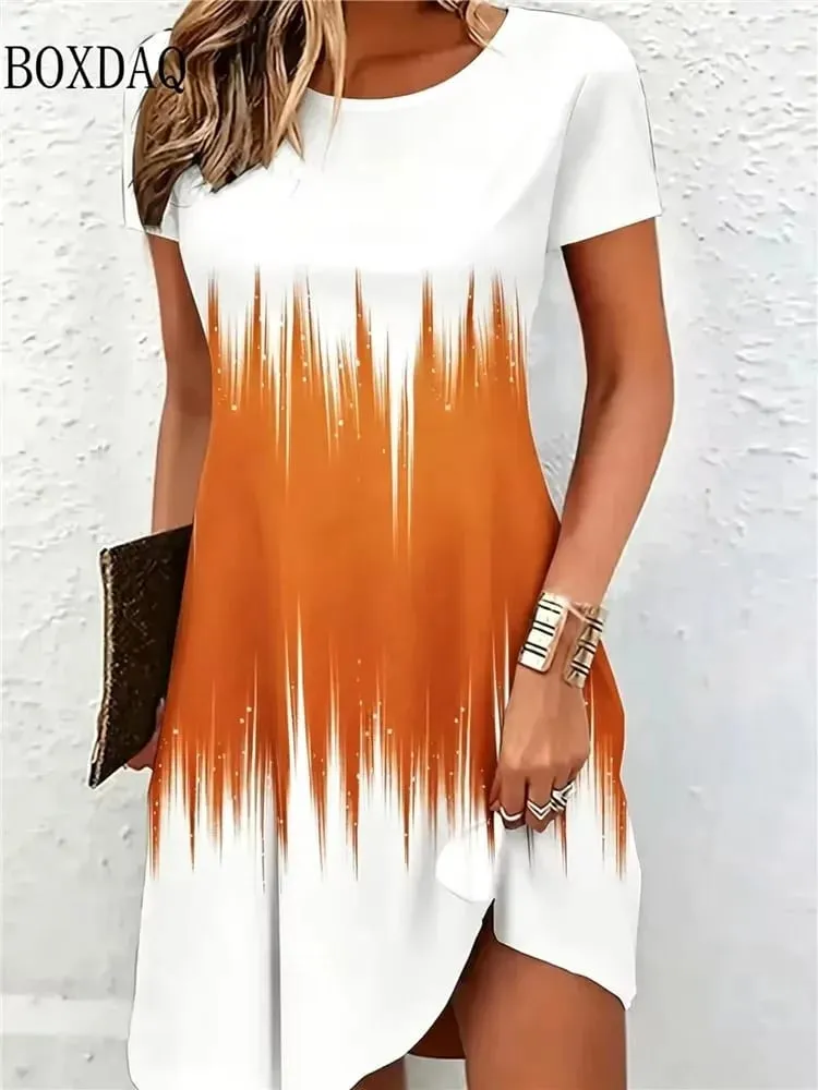 New Women's Summer Dresses Loose Short Sleeve Round Neck Gradient Pattern Printed Casual Party Dress — image 3