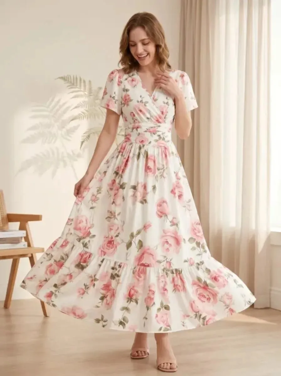 Elegant V-Neck A-Line Long Dress Soft Rose Print Summer Vacation Gown Women's Casual Maxi Skirt — image 4
