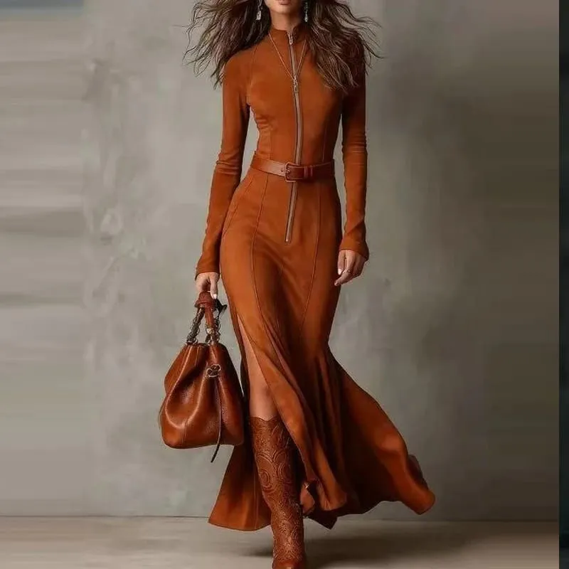 Casual O-neck Long Sleeve Suede Party Dress Elegant Side Split Solid Slim Long Dress Women Fashion With Belt Tie-Up Maxi Dress — image 4