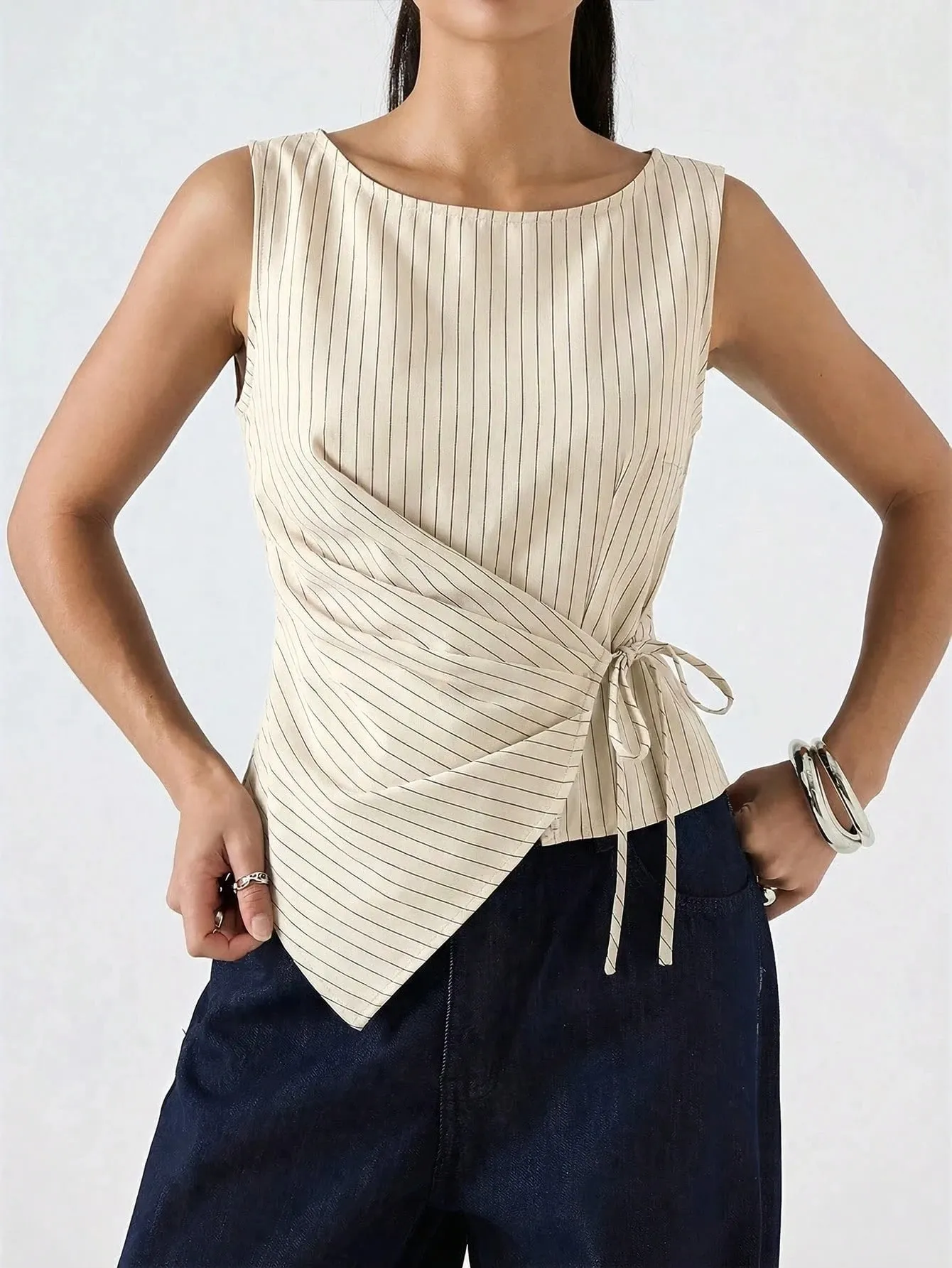 Women's Elegant Stripe Printing Slim Fit Side Tie-Strap Pleating Sleeveless Top Casual Asymmetry Hem Boat Tank Top Summer 2026 — image 4
