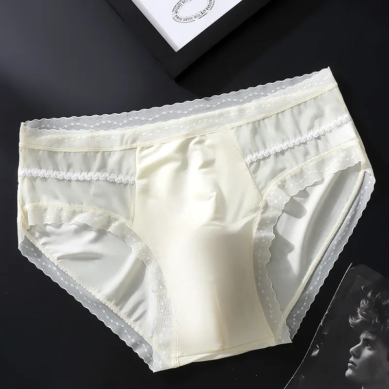 Men's Sexy Lace Thin Briefs Seamless Underware Ice Silk Brief 3D Bulge Pouch Panties Sleep Bottoms Breathable Male Underpants — image 10