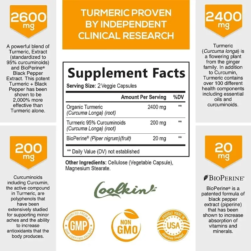 Curcumin Supplement with Black Pepper 2600 Mg Contains 95% Curcumin Enhanced Absorption Joint Support Supplement — image 2