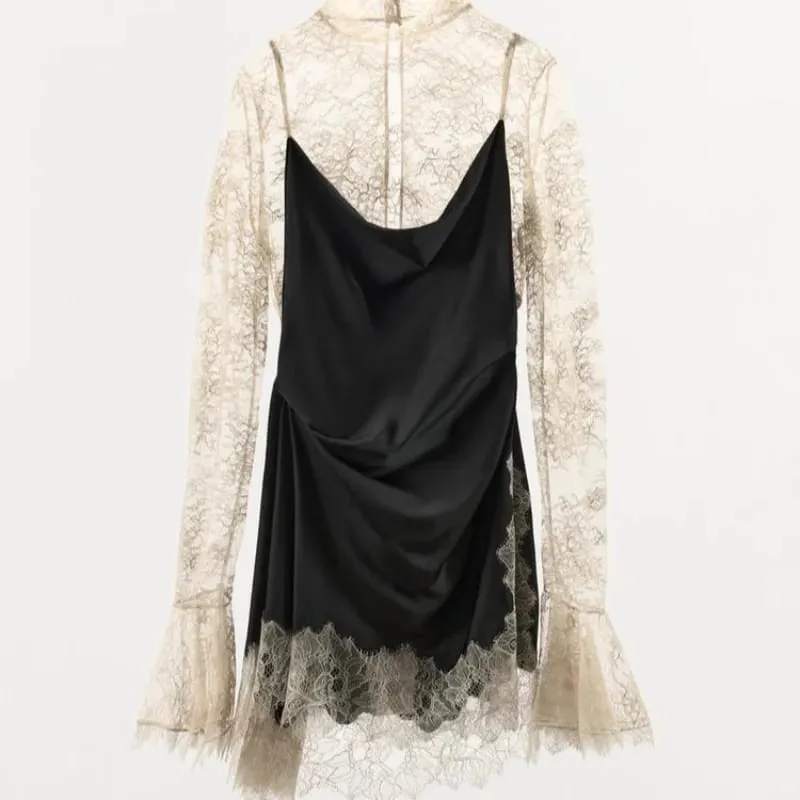 Elegant Lace Patchwork Short Dress Women See Through High Collar Flare Sleeve Party Dresses 2025 Autumn Lady Evening Robes