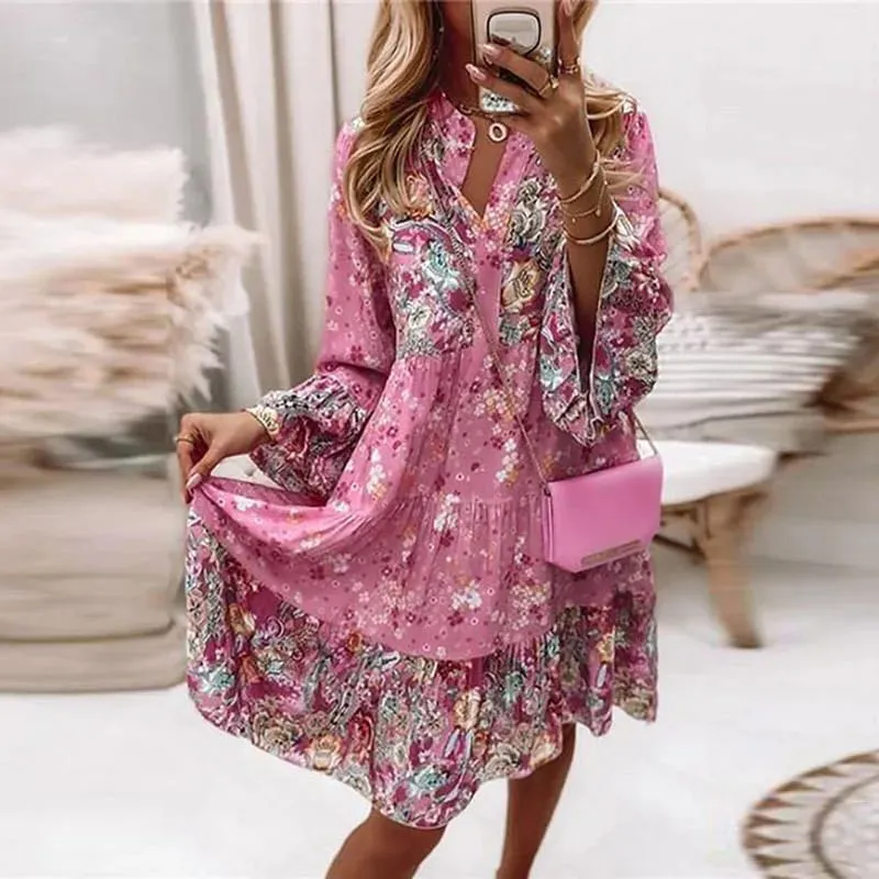Spring Mini Dresses For Women Summer New Casual Loose Long Sleeve V-Neck Beach Sundress Ladies Short Party Dress