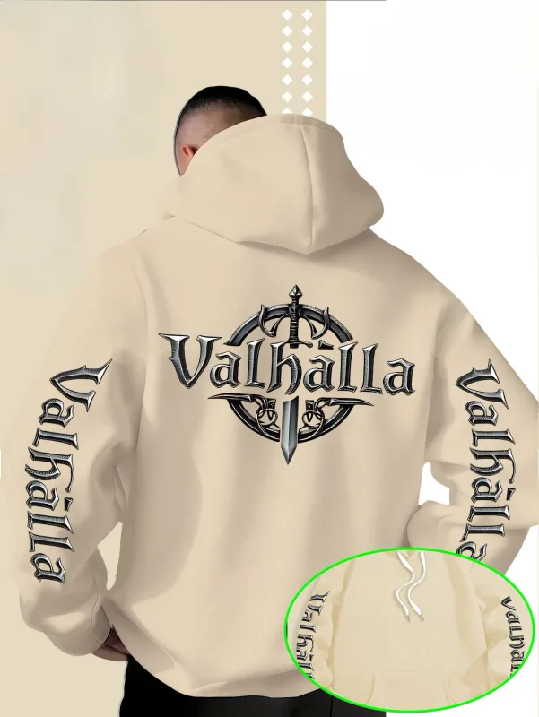 สไตล์สตรีทหลวมไวกิ้ง Valhalla รูปดาบโลโก้พิมพ์เสื้อสเวตเตอร์มีฮู้ดสำหรับผู้ชายเหมาะสำหรับฤดูใบไม้ร่วงและฤดูหนาว — image 2