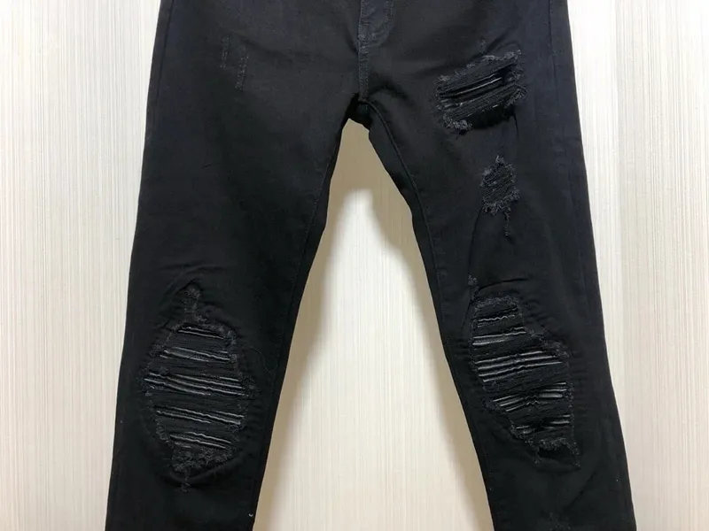 Men's Black Distressed Skinny Jeans ripped knee denim pants Destroyed Biker Style — image 4