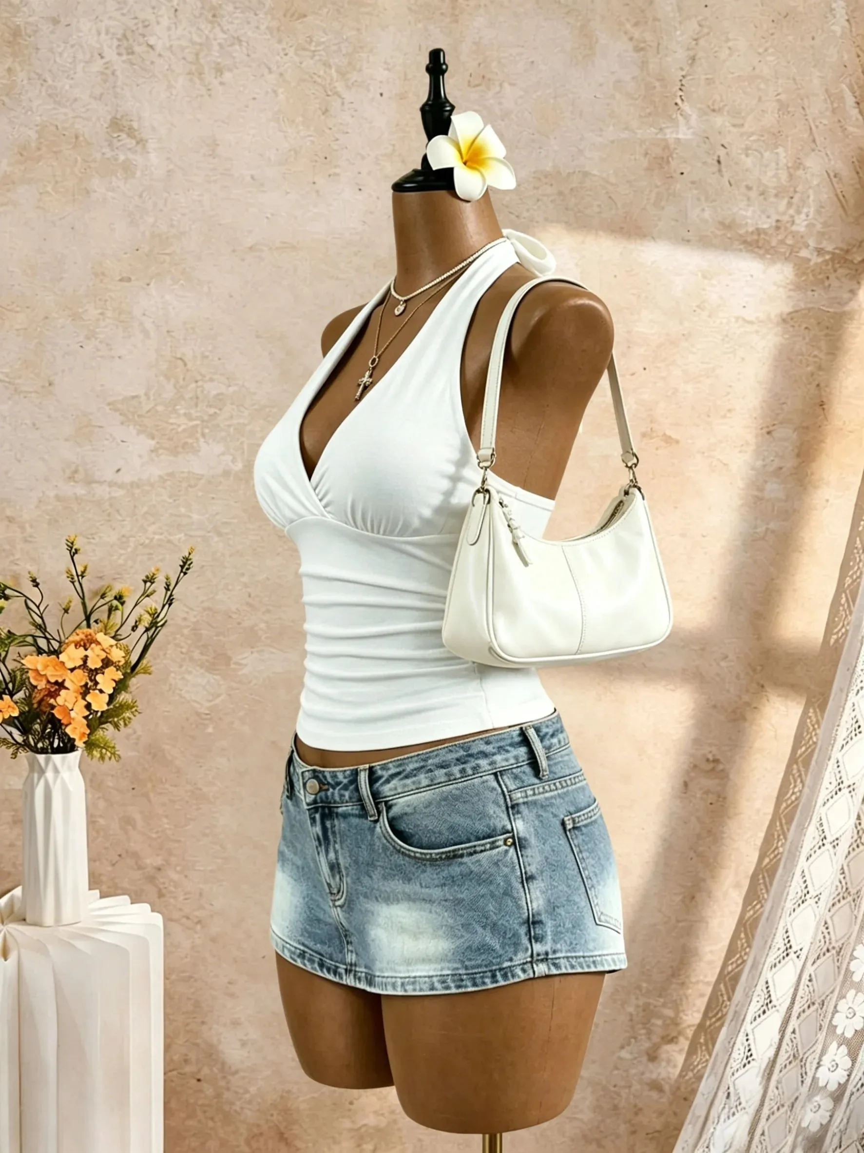 Women Halter Deep V Neck Wrap Front Side Ruched Waist Sleeveless Crop Cami Top Solid White Slim Fit Summer Beach Vacation Casual — image 6