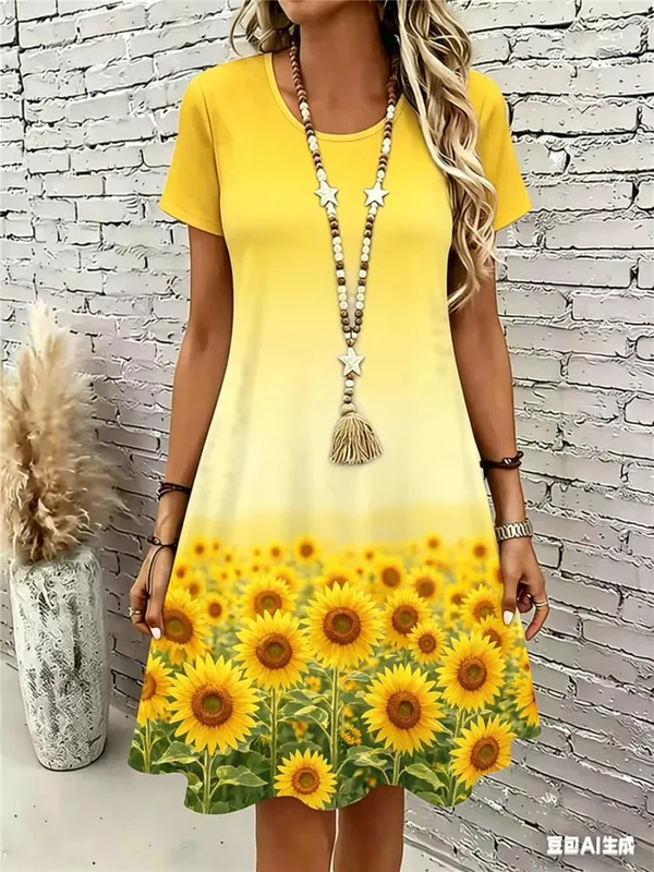 Short Sleeve Floral Pattern Women Mini Dresses Summer 3D Flower Printed Ladies Street Dress 3XL Plus Size Loose Casual Dress — image 3