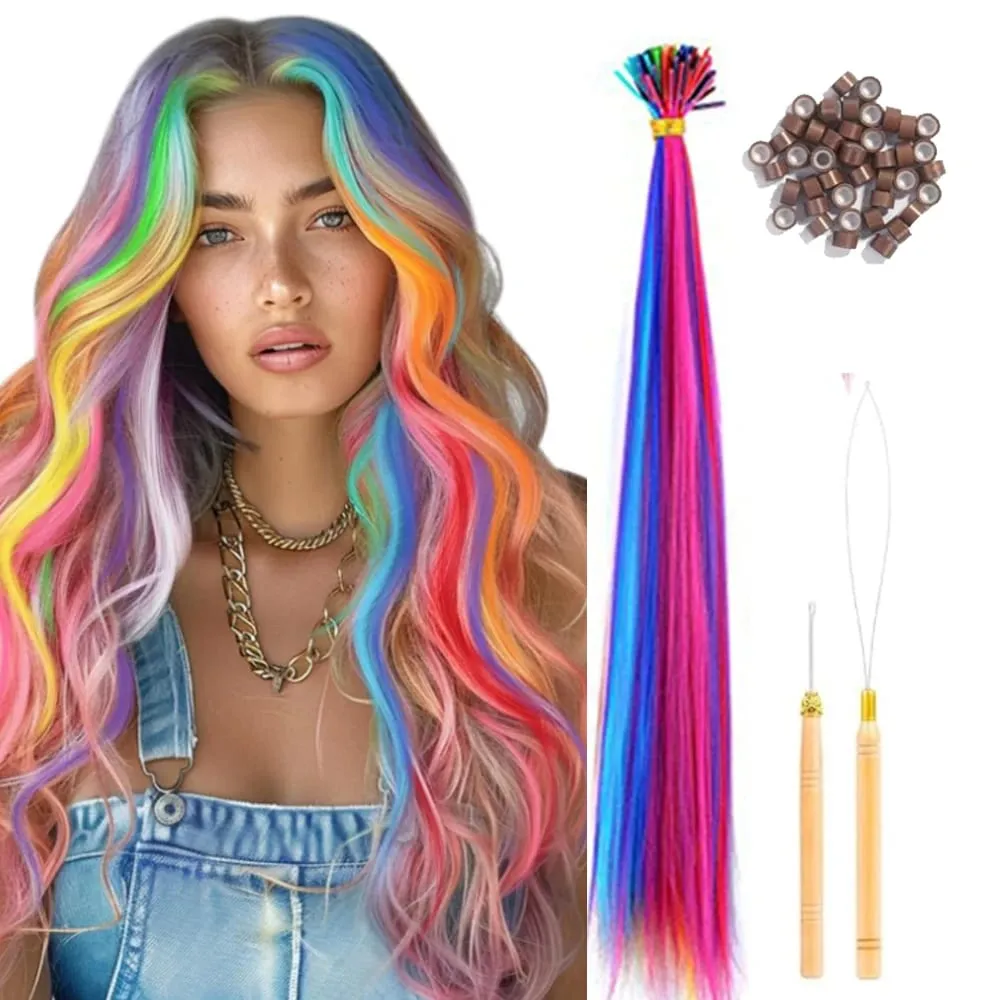50 Pcs Hair Feathers with Hair Extension Tools Long Straight Synthetic Hair Feather Extensions Kit with Beads for Women Girls — image 9
