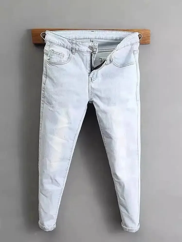 Ropa de los años 2000, pantalones vaqueros de color claro para hombre, novedad de primavera y otoño de 2025, pantalones ajustados de color azul claro, pantalones elásticos de trabajo de marca a la moda — image 8