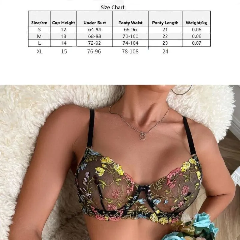 Women's New Sexy Embroidered Floral Lingerie Set Single-Layer Underwire Bra Thong Pants Hollow Transparent Out Lingerie Set — image 7