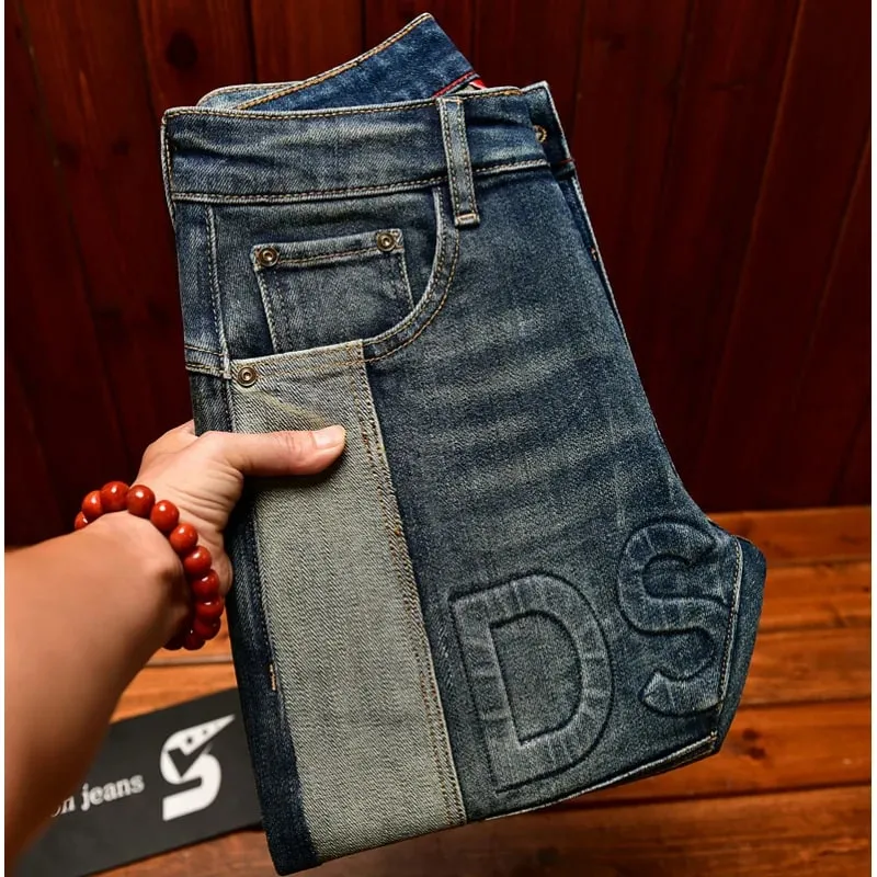 Fashionable high-end jeans for men slim fit small feet washed retro patchwork design trendy and luxurious men's pants — image 1