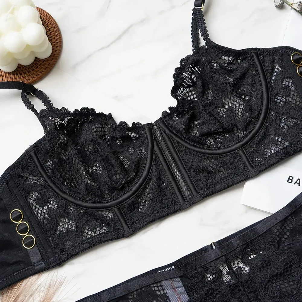Women Vintage Black Floral Lace Lingerie Set Underwire Sheer Longline Bra And Panty 2‑Piece Gold Side Ring Detail Intimate Under — image 4