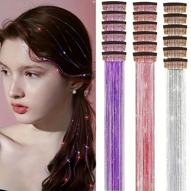 12pcs Per Pack of BB Hair Clips Shiny Metallic Hair Extensions with Clips Synthetic Hair Sparkling Hair Accessories for Women — image 3