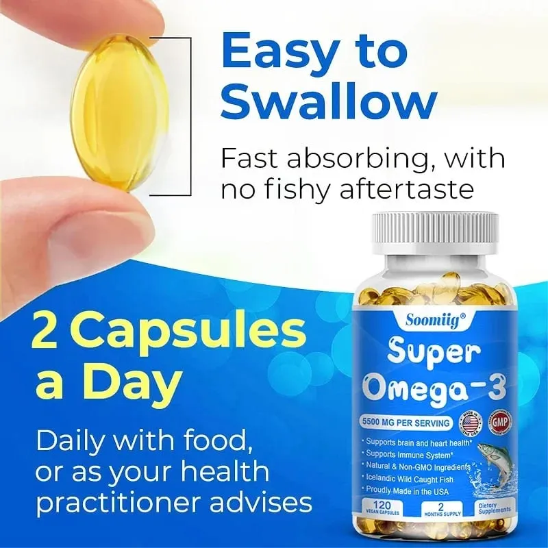 Wild Caught Super Strength Omega 3 Fish Oil 120 Softgels 5500mg High EPA 1200mg DHA 900mg Non-GMO Gluten Free Dietary Supplement