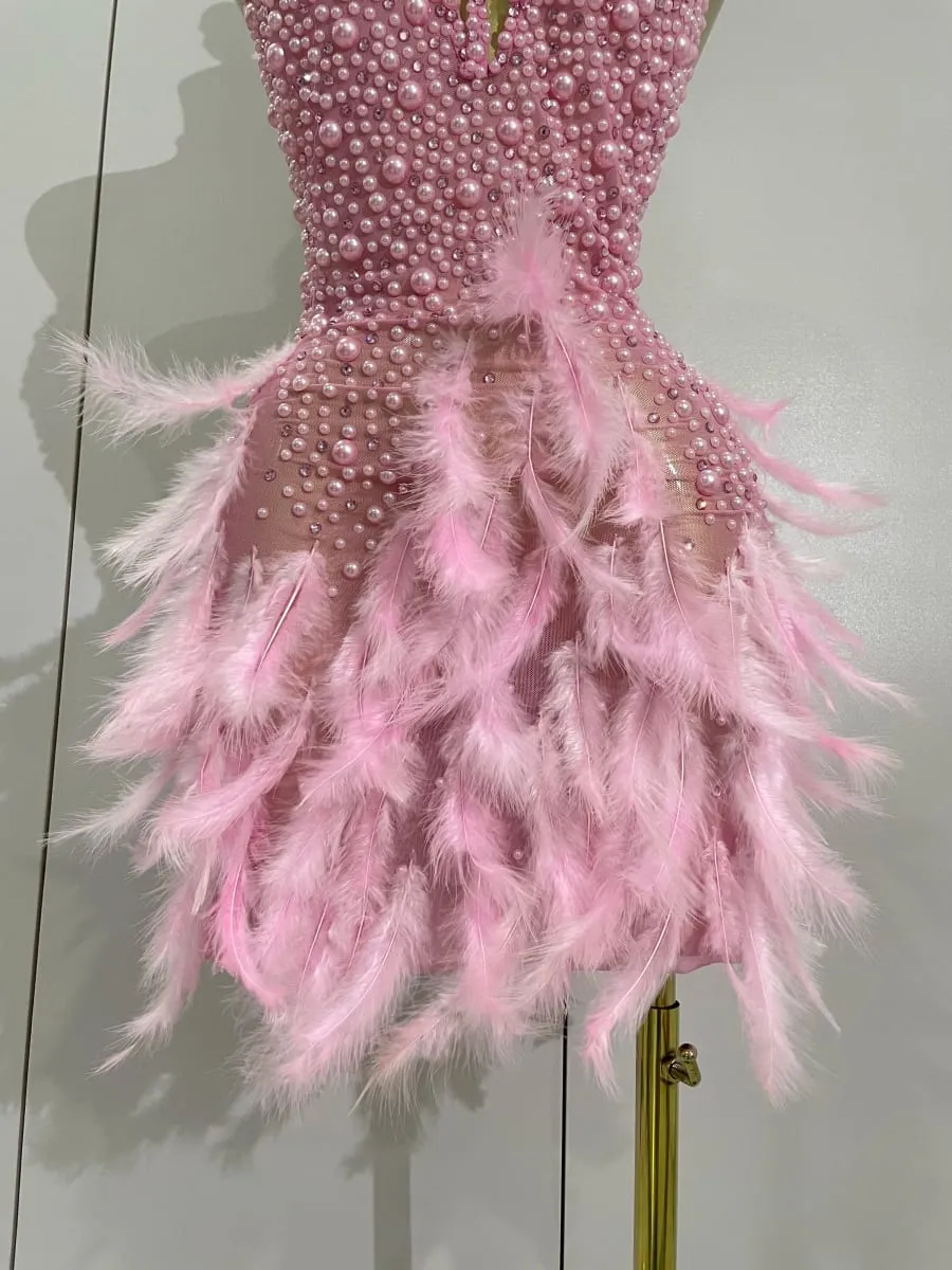 Women Luxury Rhinestones Pearls Feathers Halter Backless Short Dress Women Sexy Celebrate Birthday Dress Nightclub Stage Costume — image 6