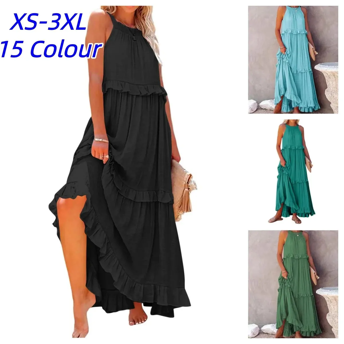 Women Casual Solid Ruffles Long Dress Summer Elegant Sleeveless Sundress Elegant Harajuku Maxi Dress Beach Party Evening Vestido — image 2