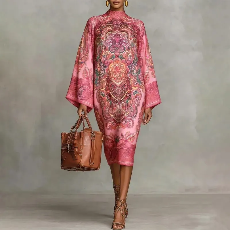 Women's Vintage Elegant Printed High Neck Kaftan Dress Long Sleeves Loose Elegant Evening Midi Dresses Robe 2026 New — image 4