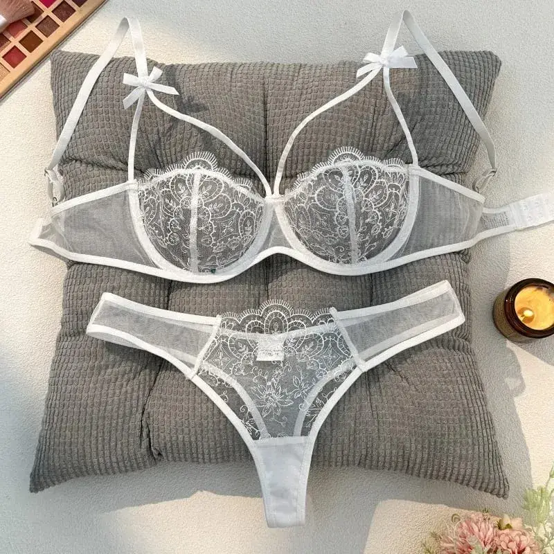 2-piece Women's Black Comfortable Lightweight Bow Womens Lace Embroidery Semi-Sheer Adjustable Strap Bra and Panty Set — image 2