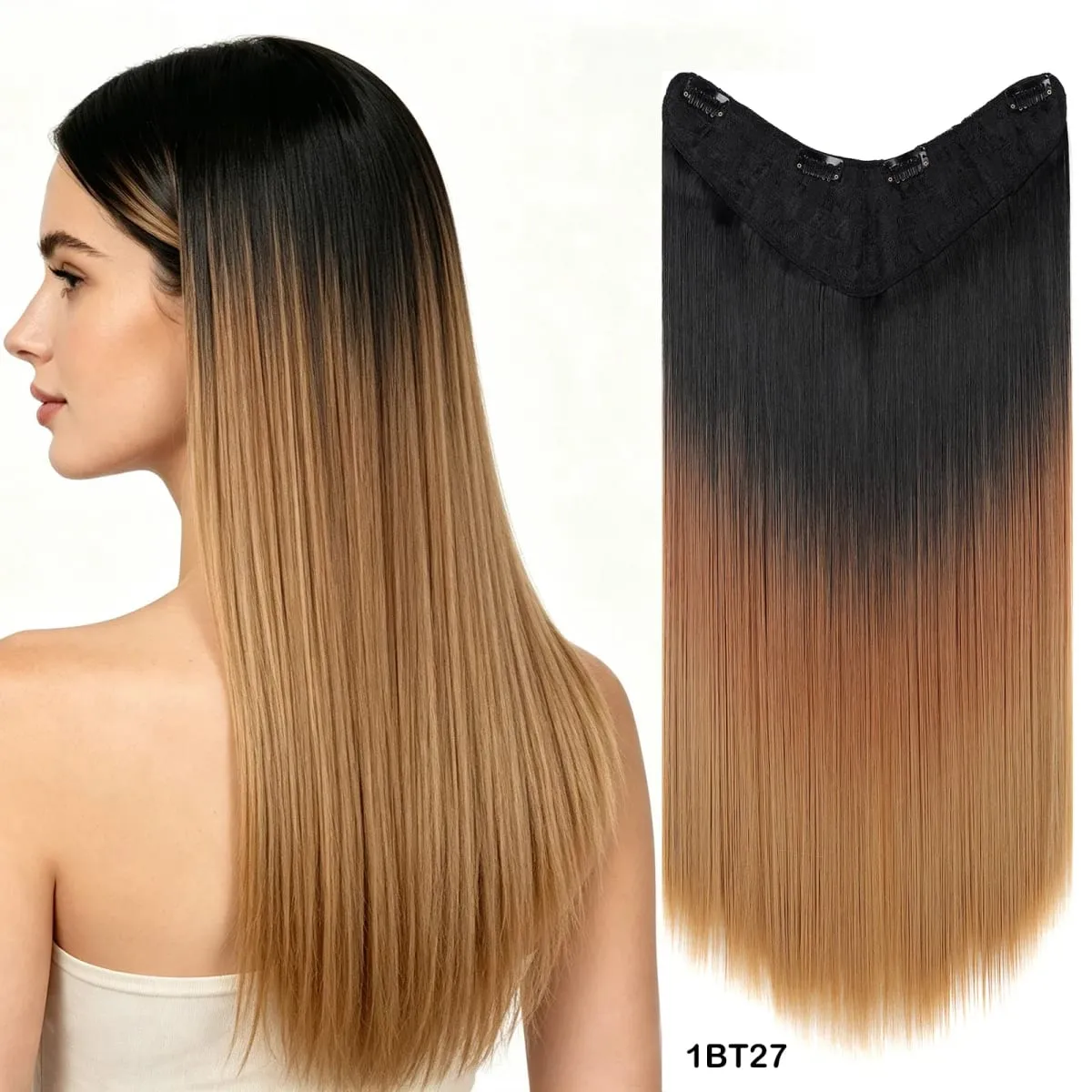 U Shaped One Piece Clip In Hair Extensions 4 Secure Clips Straight Ombre Synthetic Hairpiece 140g For Daily Party