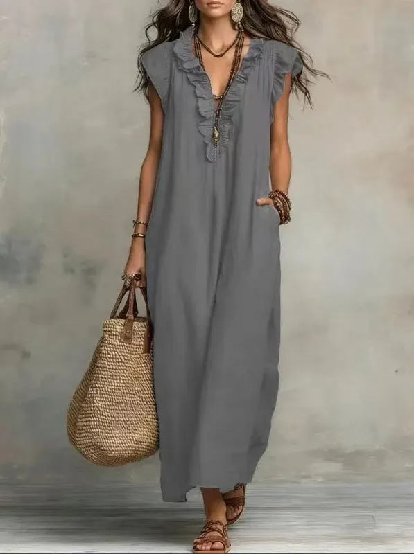 2026 Summer Women Boho Cotton Linen Maxi Dress Solid Color Ruffle V Neck Sleeveless Loose Long Dresses With Pockets Casual Beach