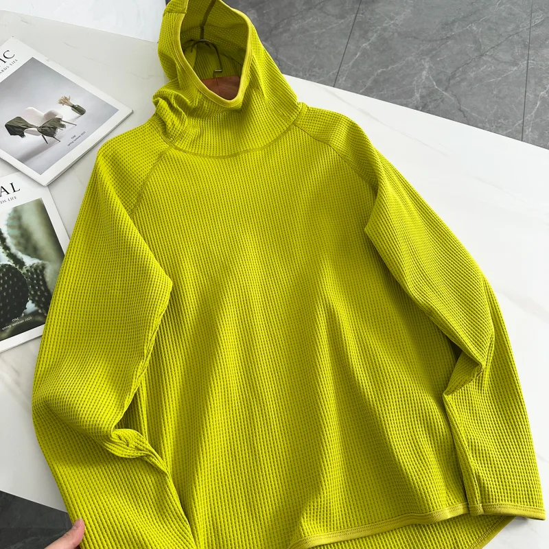 Lightweight Soft Elastic Waffle Grid Harajuku Style Half Face Hooded Loose Thin Sweatshirt Unisex Polyester Fiber Long Sleeve