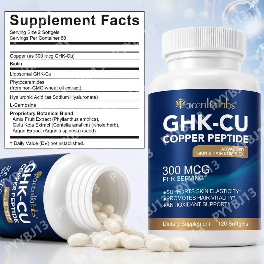 Natural Vegan Skin Hair Complex Supplements Liposomal GHK-Cu Copper Peptide Softgels Capsules 120pills with Biotin for Adults — image 4