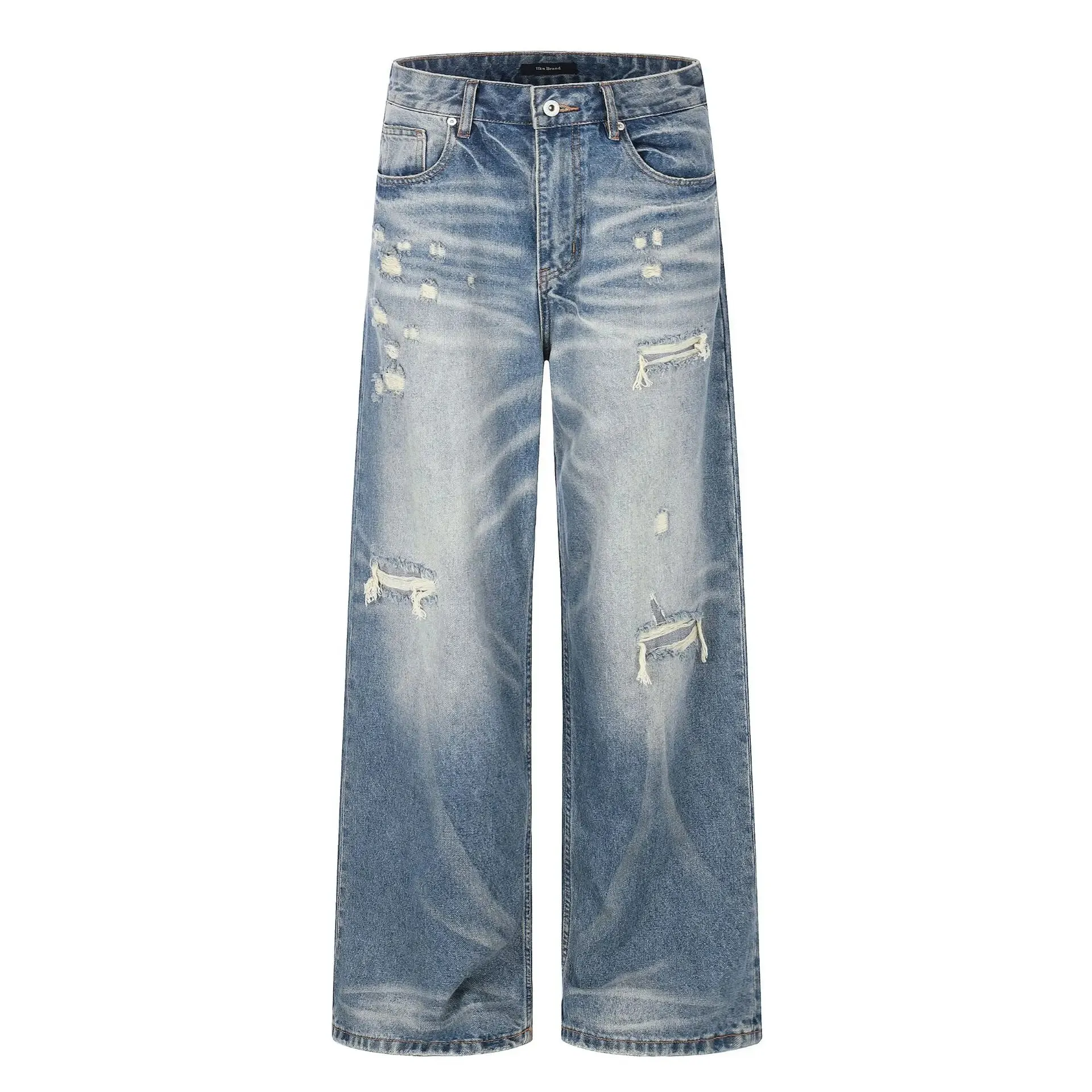 Retro Men's Washed Blue Jeans Distressed Straight Leg High Waist Loose Casual Wide Leg Denim Long Pants Fashion New 9X3258