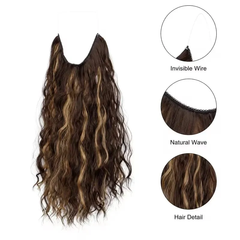 18Inch Synthetic Invisible Fish Line Hair Extensions Long Curly Wavy High Temperature Fiber Hairpiece for Women Daily Party