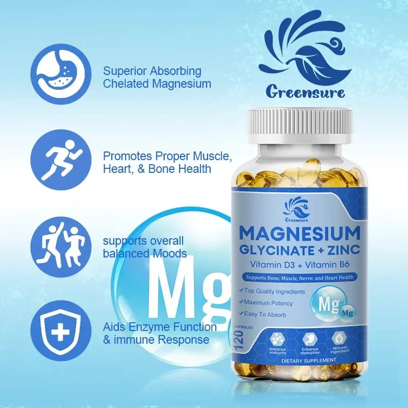 Magnesium Glycinate D3 B6 Capsules for Relax Sleep Nerve Muscle and Heart Health Supplement