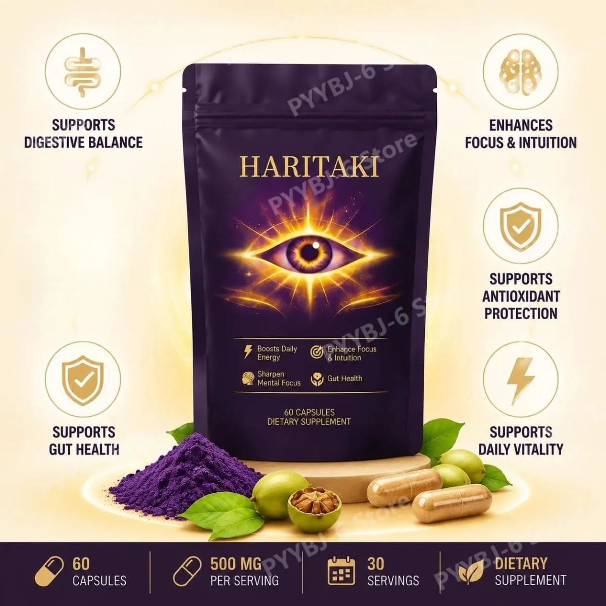 Haritaki Fruit Powder Capsules 500mg Digestive Balance and Gut Health Support Daily Wellness Formula 60 Capsules — image 2