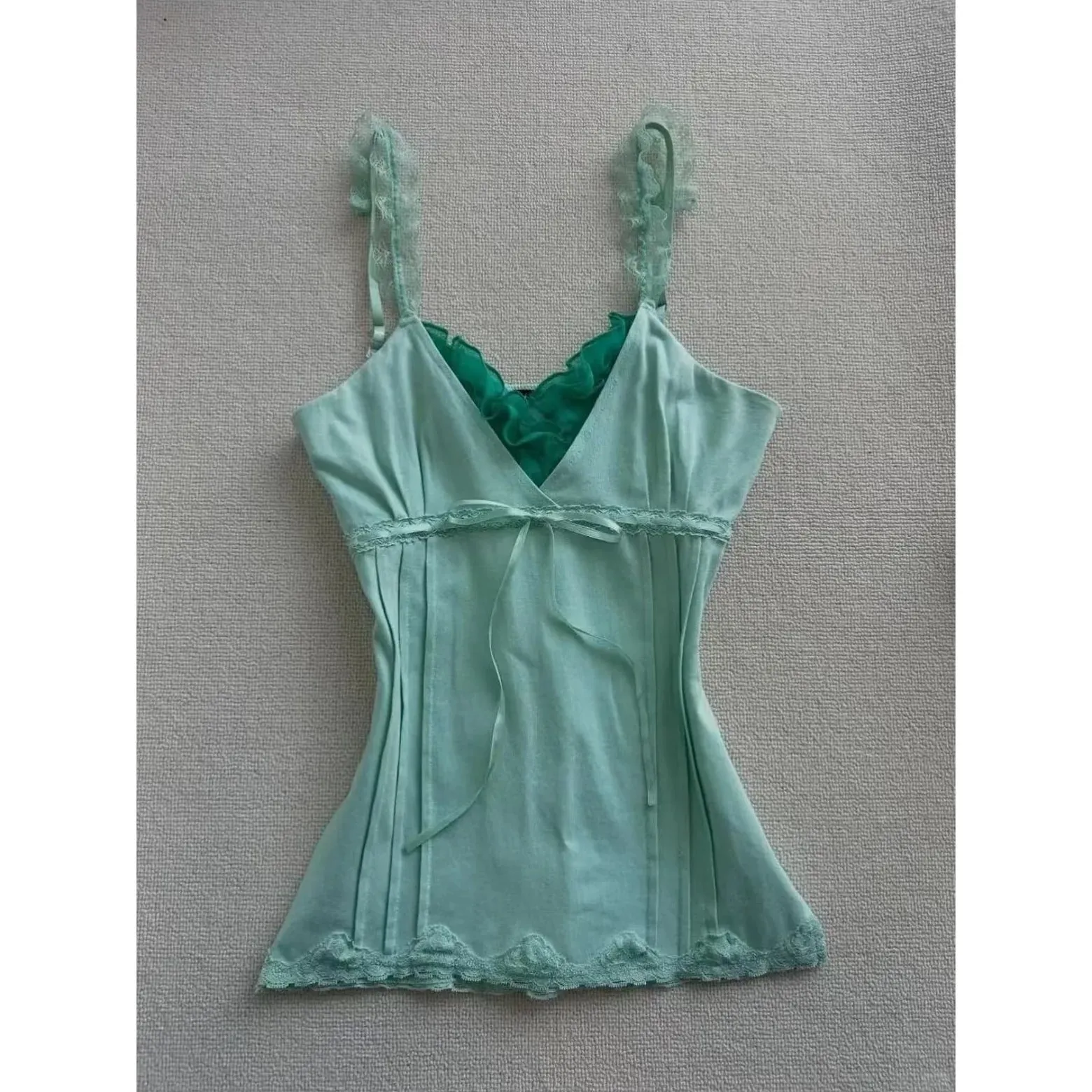 Women Retro Y2K Fairy Cami Tank Top Spaghetti Strap Mint Green Lace Bow Slim‑Fit Coquette Aesthetic Summer Casual Party Tops