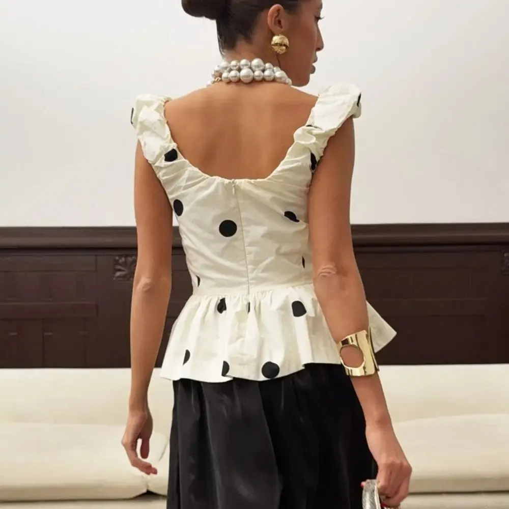 Slim Deep V Neck Polka Dot Tank Top Off-shoulder Ruffled Sleeveless Silk Vest Backless Lace Camis Female — image 2