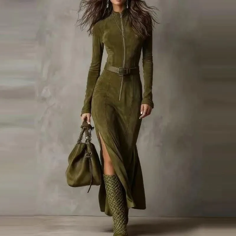 Casual O-neck Long Sleeve Suede Party Dress Elegant Side Split Solid Slim Long Dress Women Fashion With Belt Tie-Up Maxi Dress — image 6