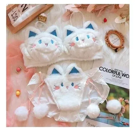 Cute Cat Paw Plush Lingerie Set for Women Warm Winter Bra & Panty with Ears Comfortable Kawaii Underwear — image 22