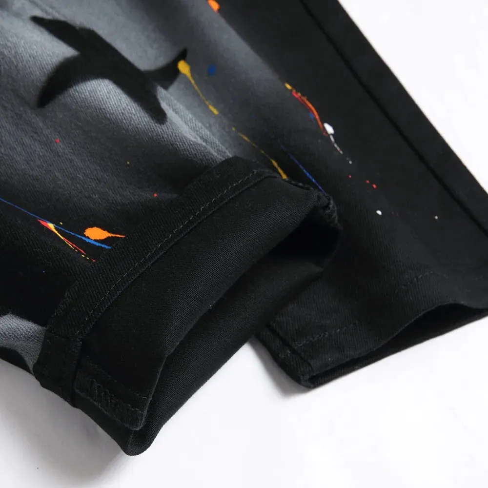 Men Star Painted Denim Jeans Casual Graffiti Print Slim Straight Pants Black Stretch Cotton Spandex Trousers — image 5