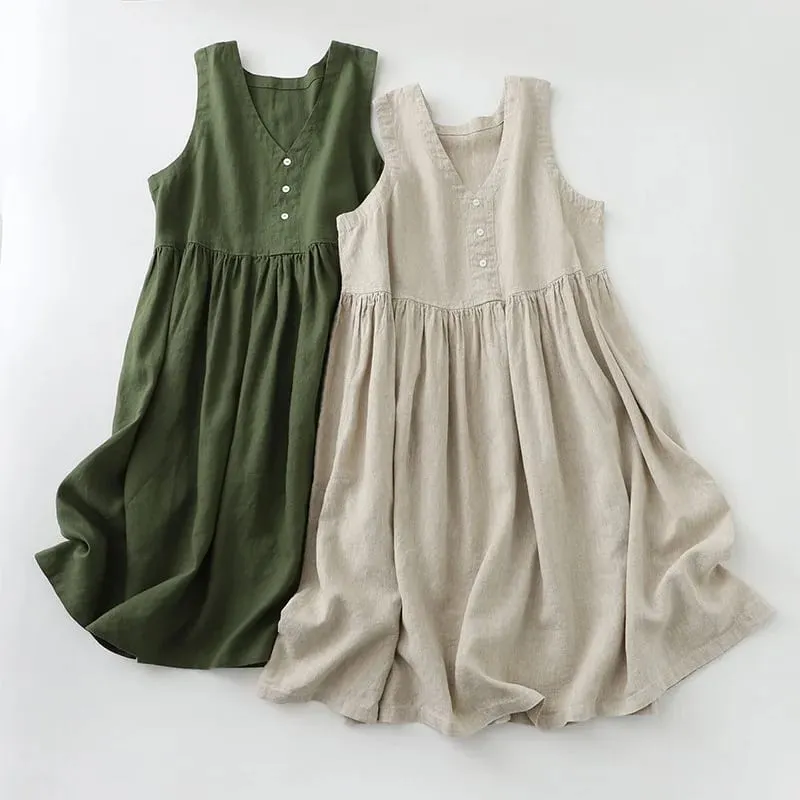 2026 Women's Cotton Linen Sleeveless Dress Casual Button Down Loose Midi Dresses for Summer Women's Casual Dresses Y2K Clothes — image 3