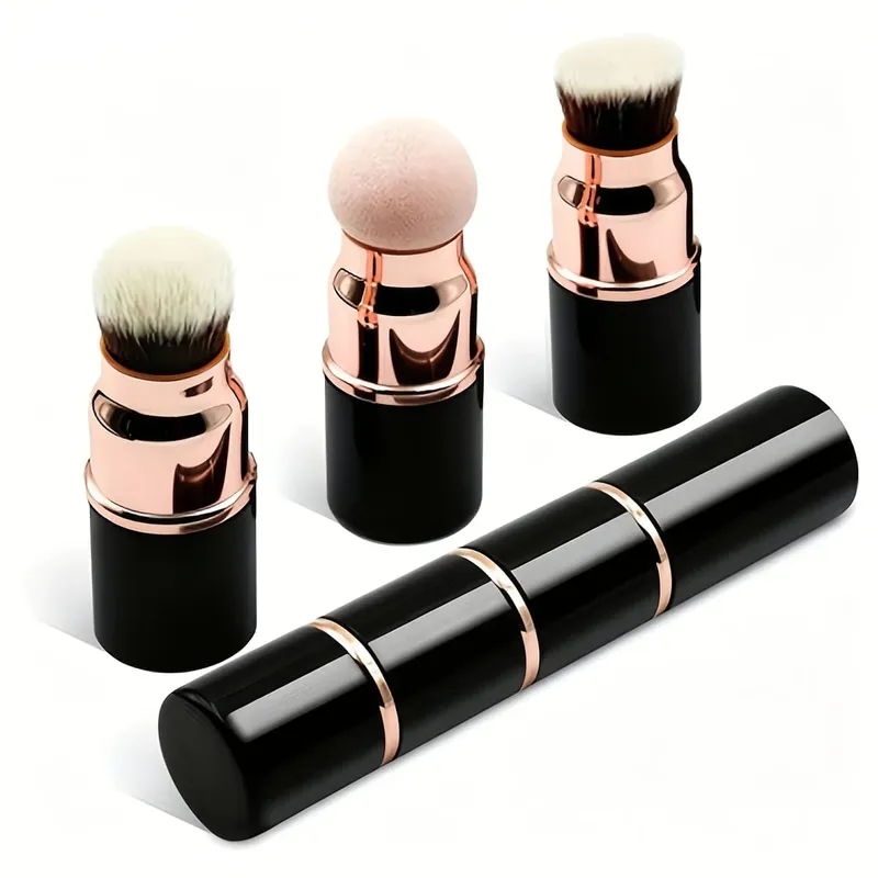 3in1 Mini Portable Makeup Brush with Dust Cap Detachable Sponge Angled Foundation & Powder Heads Bionic Hair Sturdy Aluminum