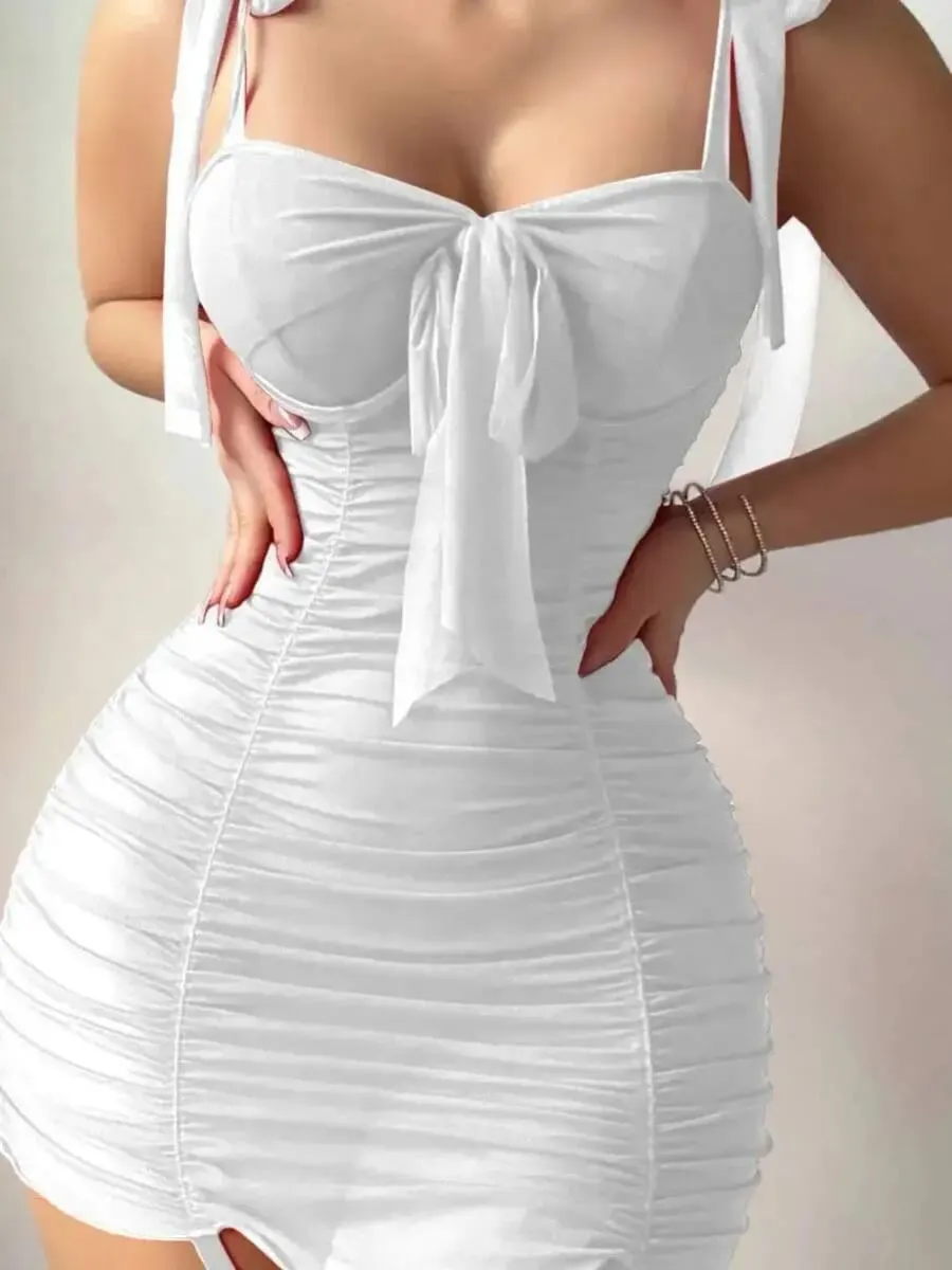 Sexy Bowknot Solid Color Dress Women's Thigh Black Silk Wrap Hip For Women Backless Deep V Suspenders Sleeveless Mini Dress BAUF — image 4