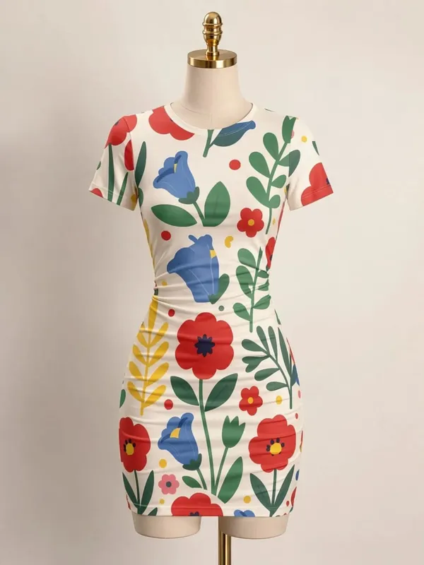Womens Short Sleeve Bodycon Mini Dress Slim Fit Crew Neck Floral Print Casual Summer Party Cute Trendy Flattering Party Sundress — image 9