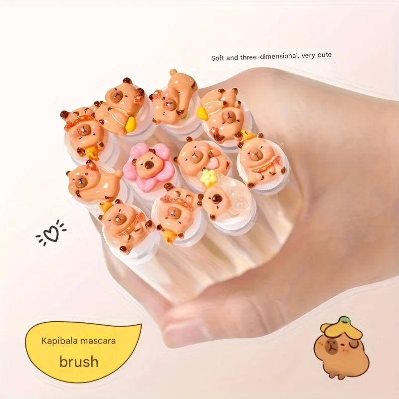 10pcs per pack Eyelash Extension Brushes -Cute Kapibara Design Oval Shape-Reusable Nylon Bristle Heads with ABS Plastic Handles — image 5
