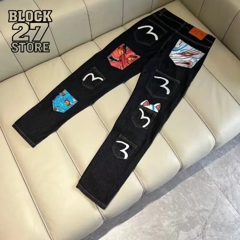 Mens Jeans Harajuku Fortune God Print Multi Pocket Denim Pants New Workwear Cargo Trousers Casual Streetwear Fashion Autumn New — image 1