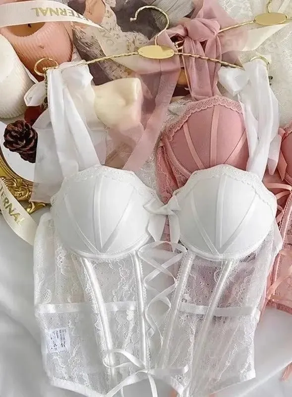 Lace Thin X Sexy Fishbone Bra Set with Small Chest Gathered and Anti Sagging Support Comfortable Soft Steel Ring Bra Set — image 5
